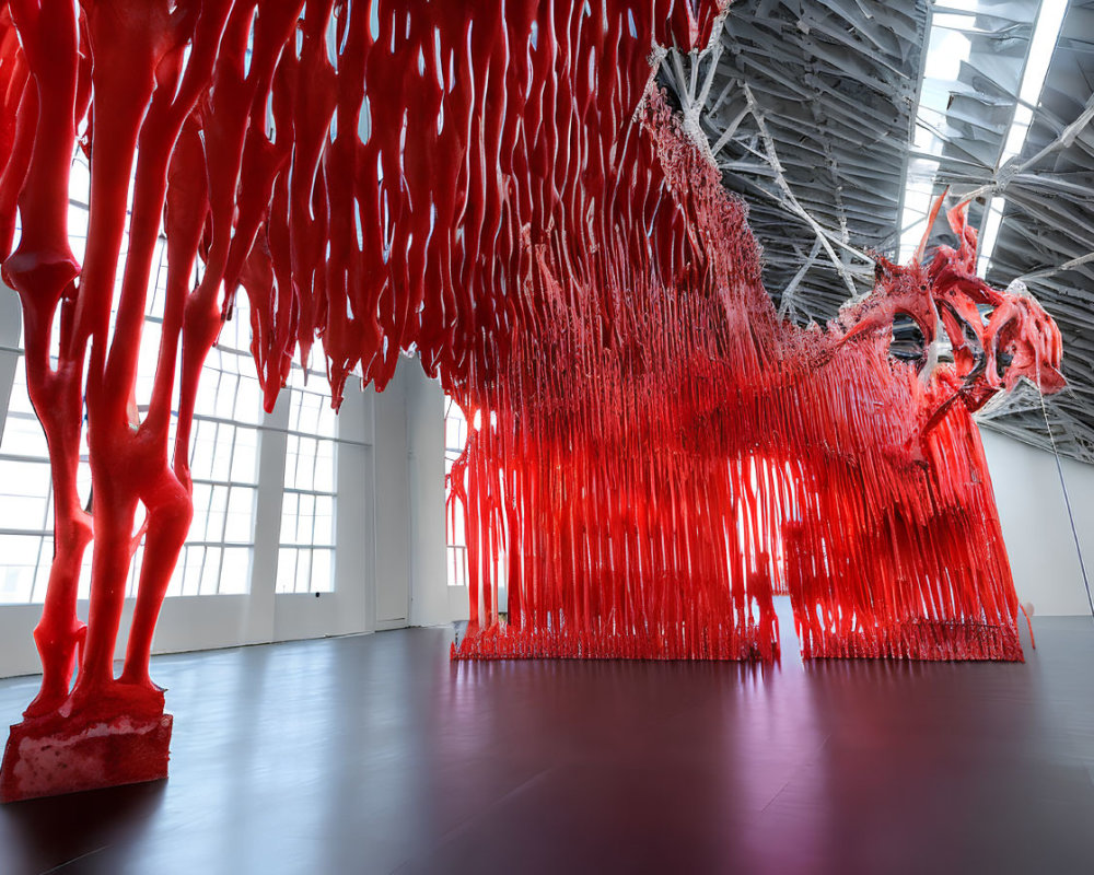 Red Art Installation with Hanging Threads and Free-Standing Figure