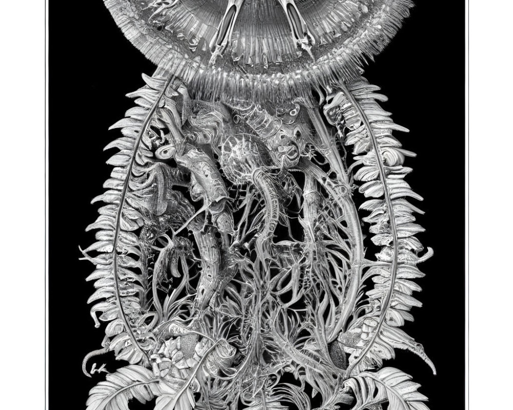 Detailed black and white symmetrical illustration of marine and botanical design