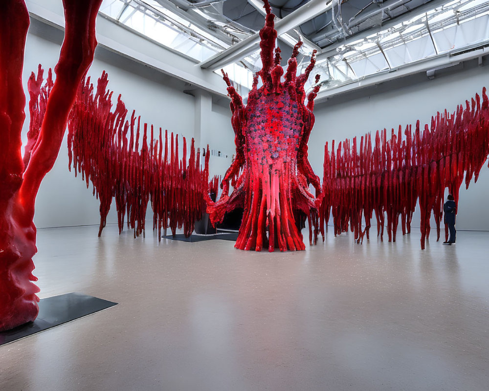 Gigantic red tree-like sculpture in white gallery with onlookers