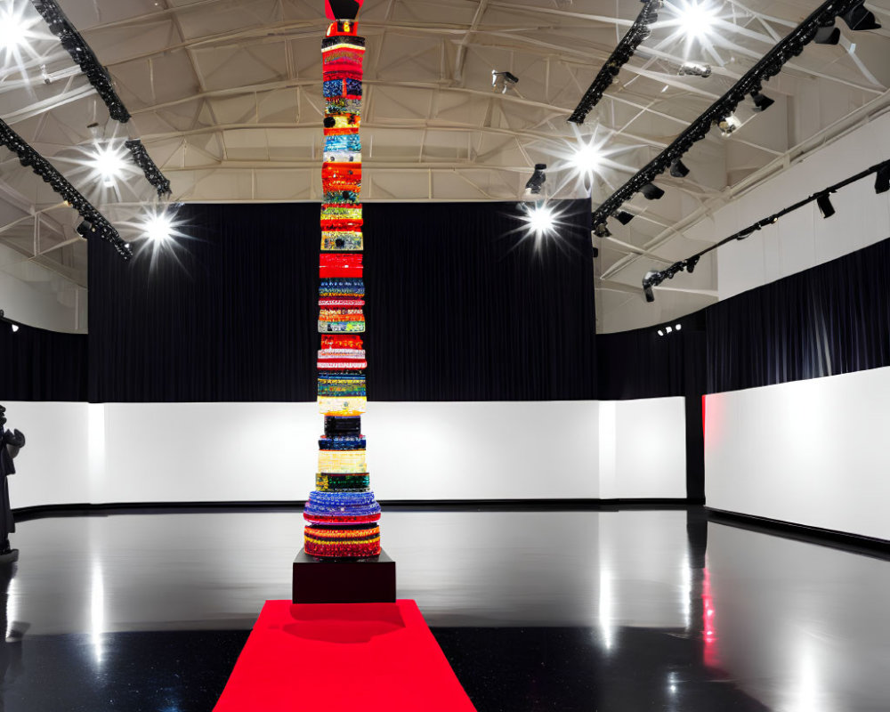 Colorful Layered Sculpture Illuminated in Modern Gallery