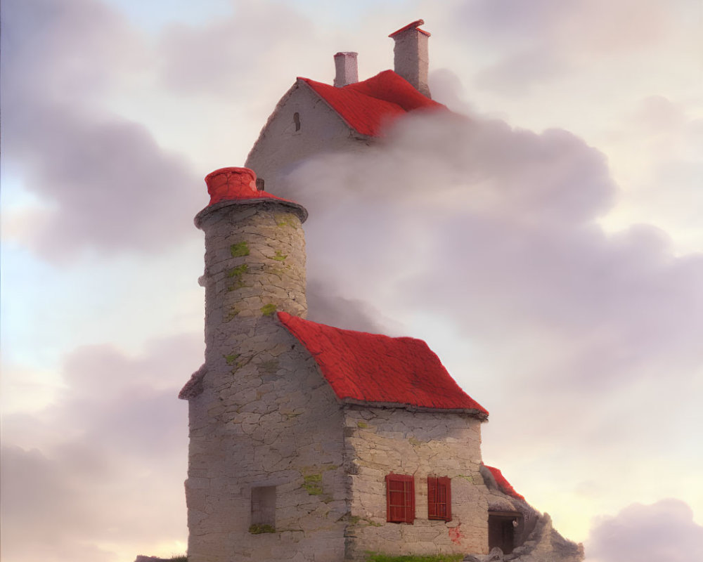 Whimsical stone house with large chimney on cloud-covered peak