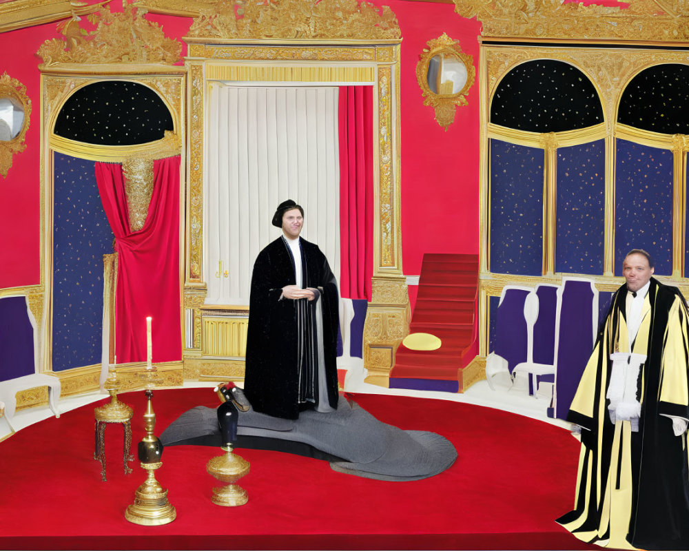 Traditional robed figures in ornate red and gold room with star-patterned windows, candles, and