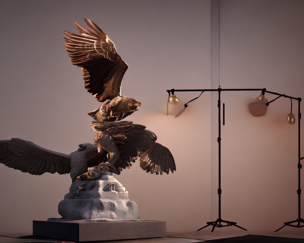 Eagle sculpture in photography studio with warm lighting stands