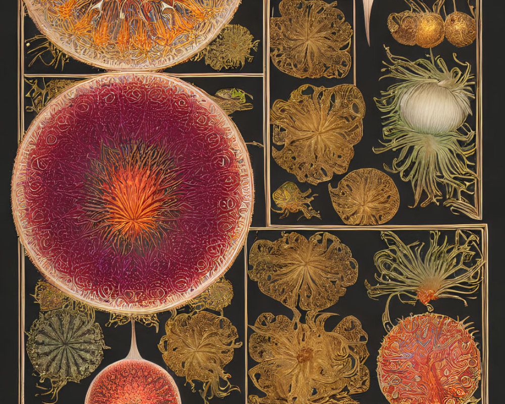 Detailed Botanical Illustrations: Vibrant Colors on Black Backgrounds
