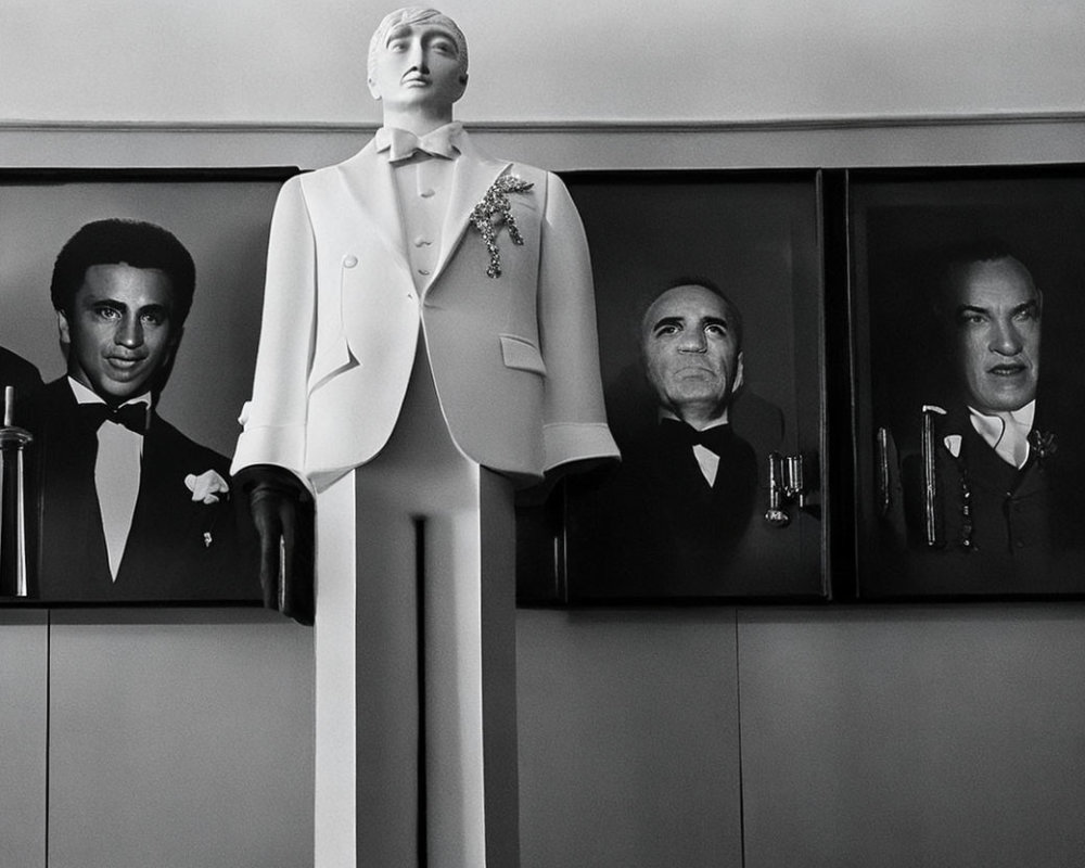 Mannequin in White Tuxedo with Framed Photos of Distinguished Men