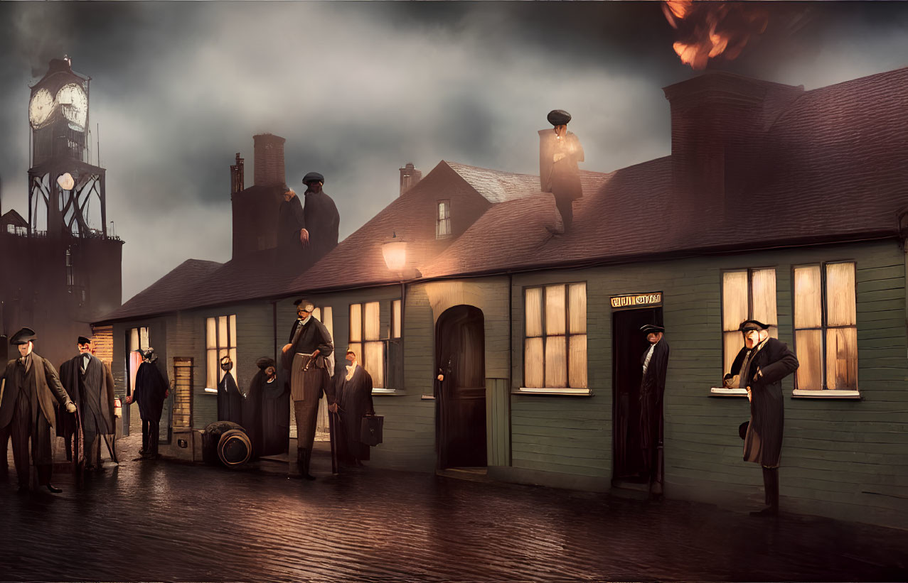 Historical train station scene with clock tower, fog, and fire.