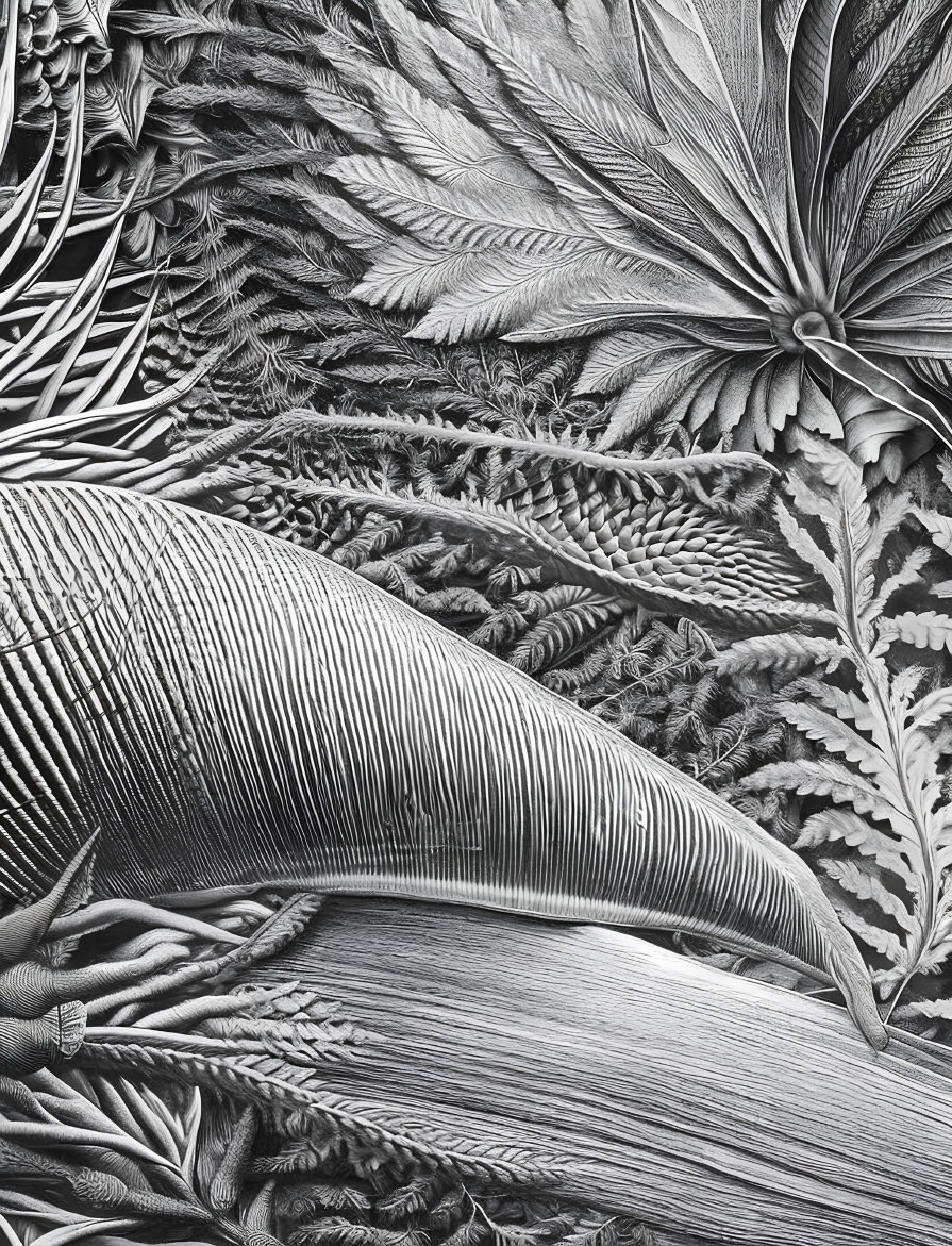 Detailed Monochrome Botanical Illustration of Textured Leaves and Plants