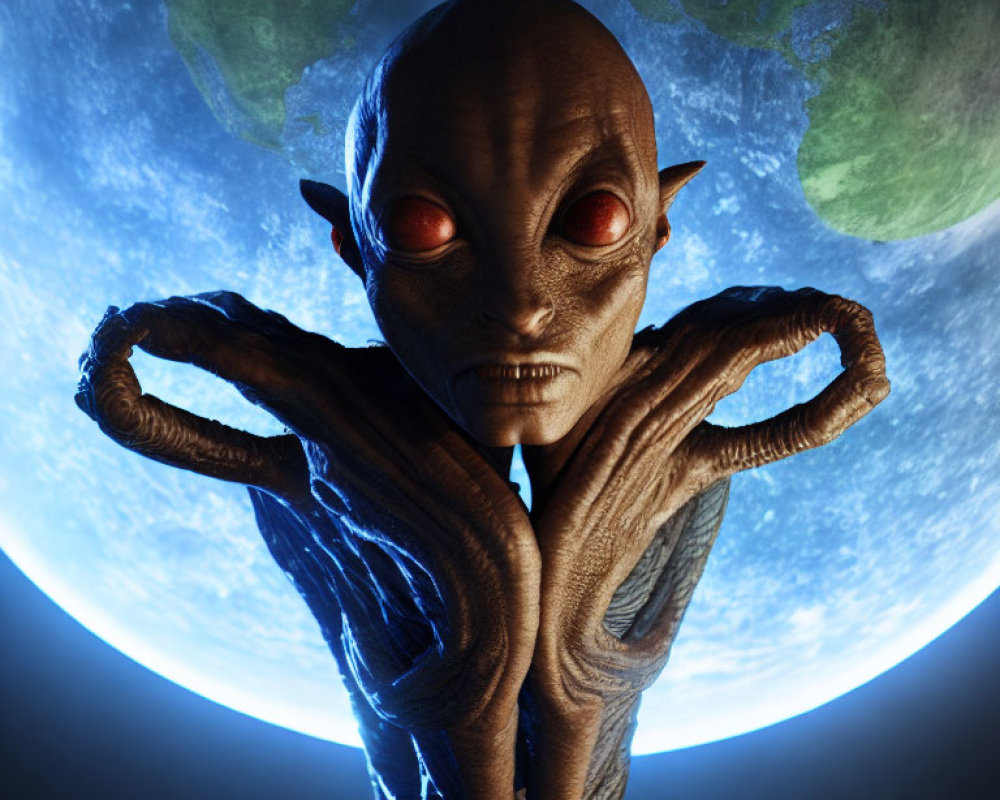 Red-eyed alien with textured skin under oversized Earth symbolizes interstellar theme