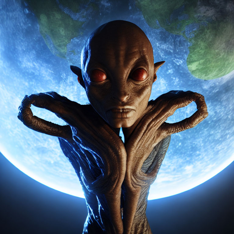 Red-eyed alien with textured skin under oversized Earth symbolizes interstellar theme