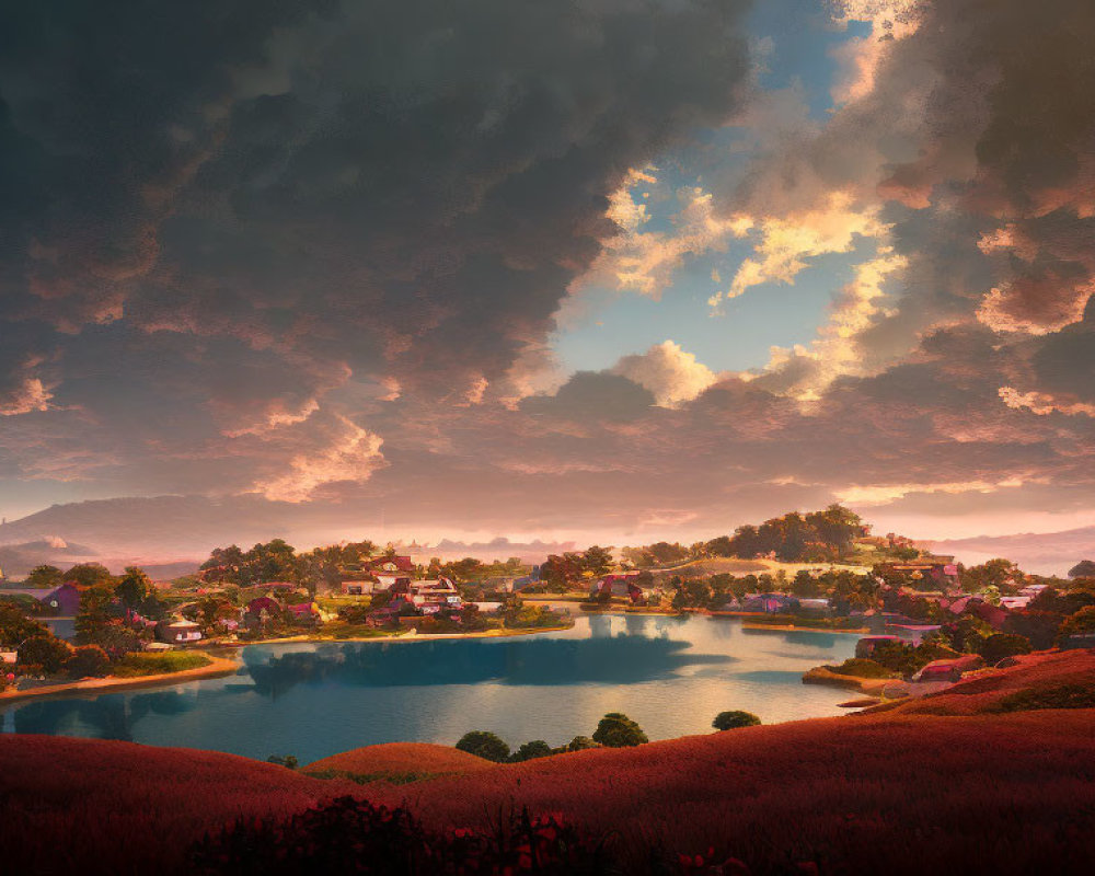 Scenic village by lake at sunset with dramatic sky