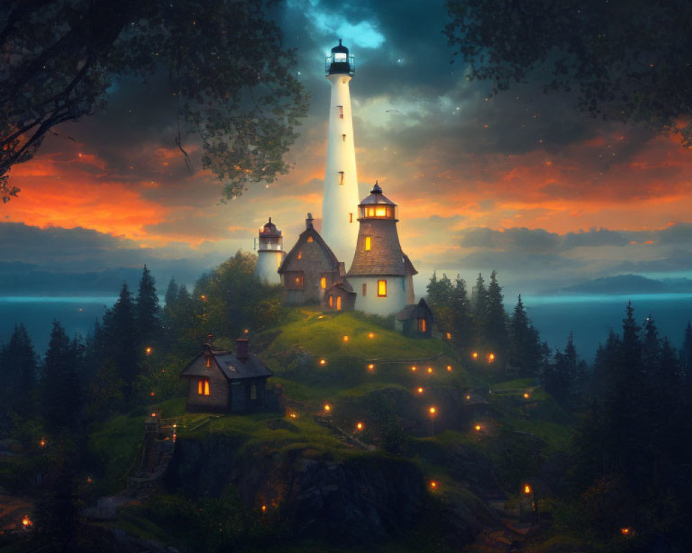 Lighthouse on hill with illuminated cottages at dusk