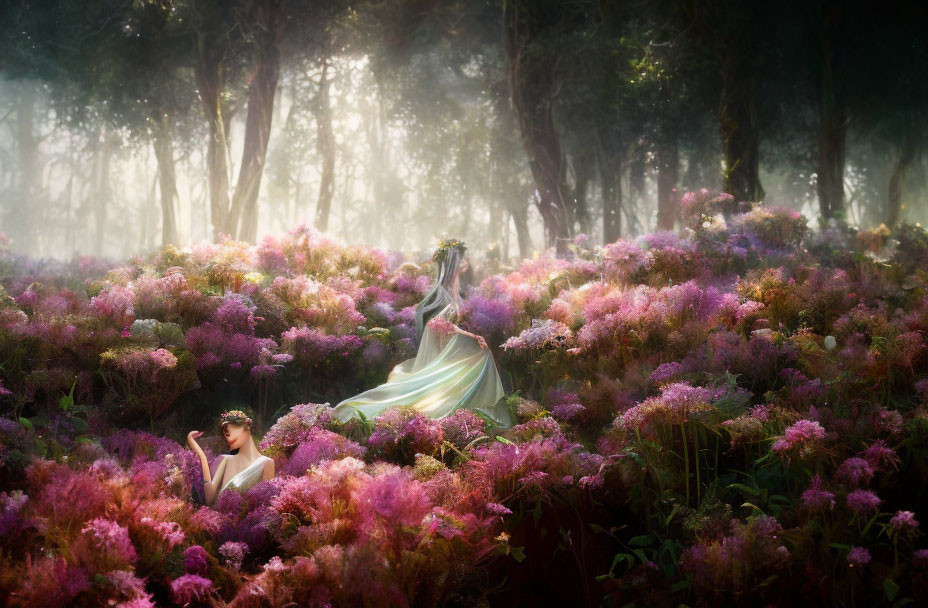 Woman in Flowing Dress Amid Purple Flowers in Sunlit Forest