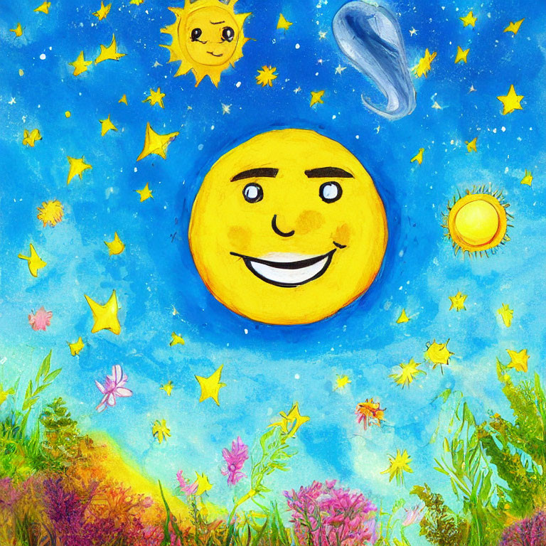 Colorful painting of smiling sun, stars, planets, and flowers on blue background