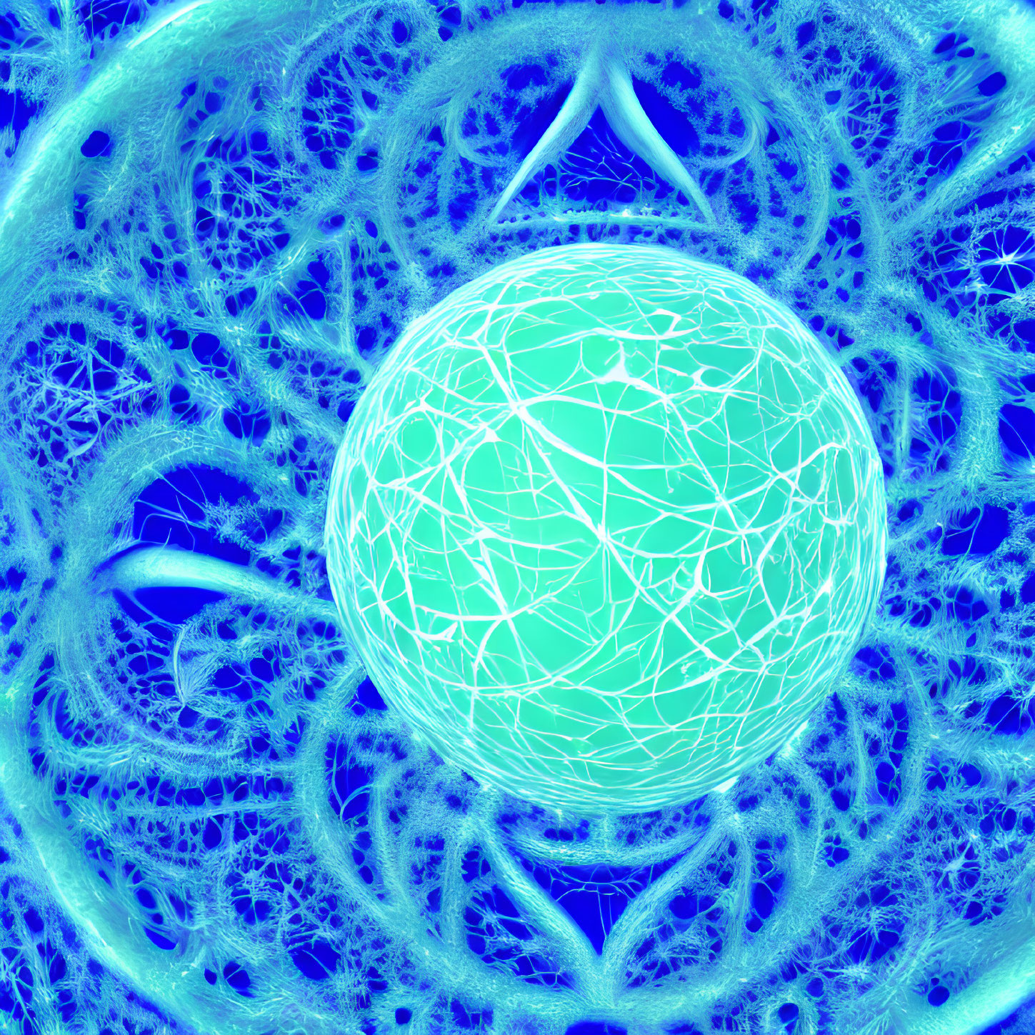Intricate Blue Fractal Design with Central Sphere and Lace-like Patterns