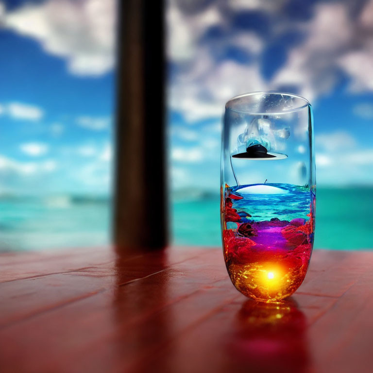 Colorful liquid in vibrant glass with miniature boat on tropical beach background