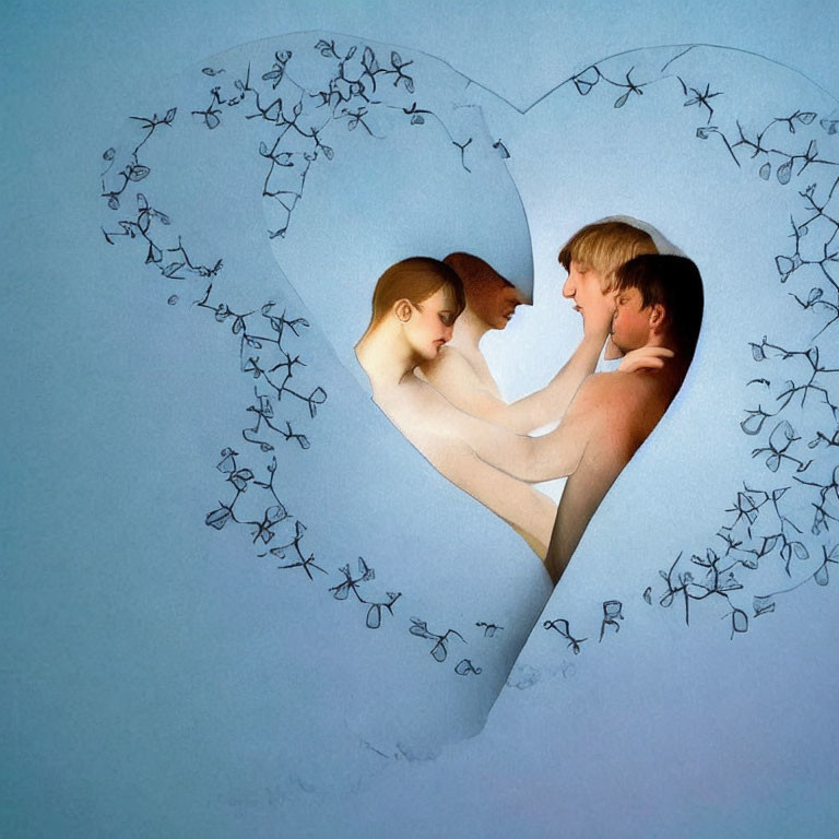 Couple Embracing in Paper Heart Surrounded by Cut-Out Figures