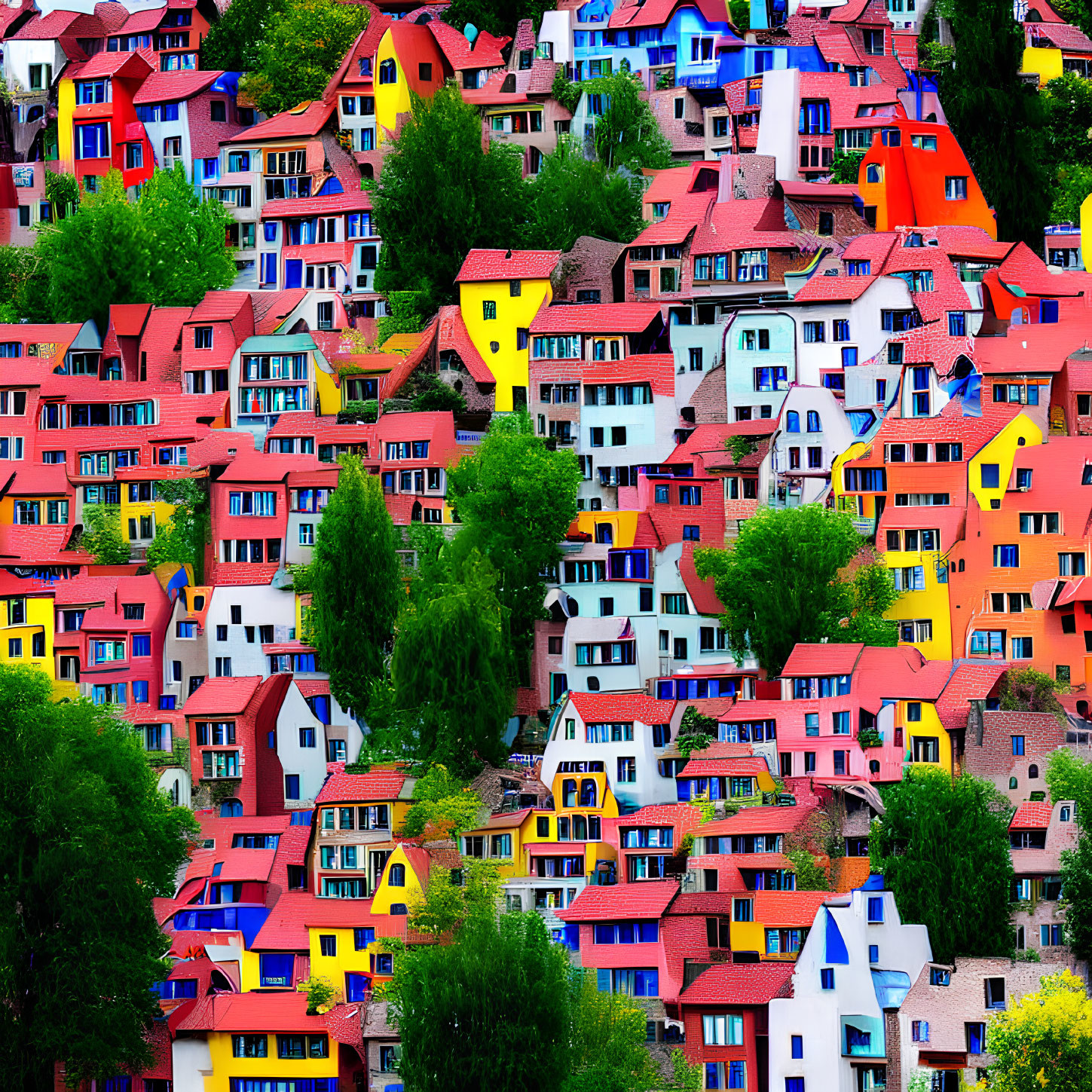 Vibrant hillside with colorful houses and red roofs nestled in greenery