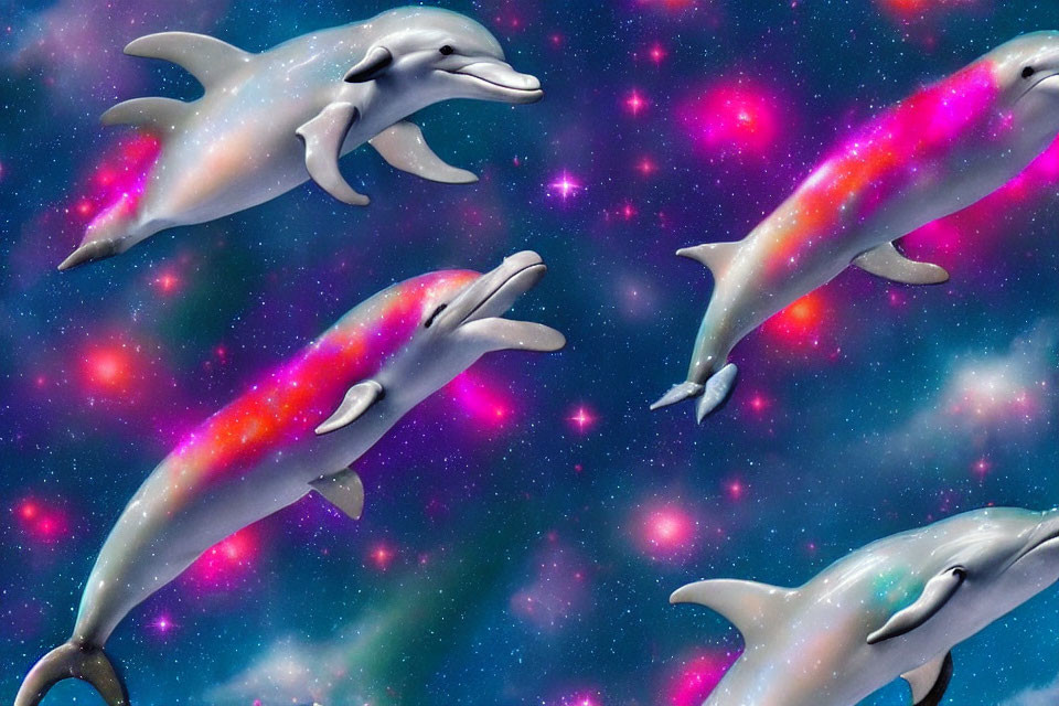 Vibrant digital collage of dolphins in cosmic backdrop