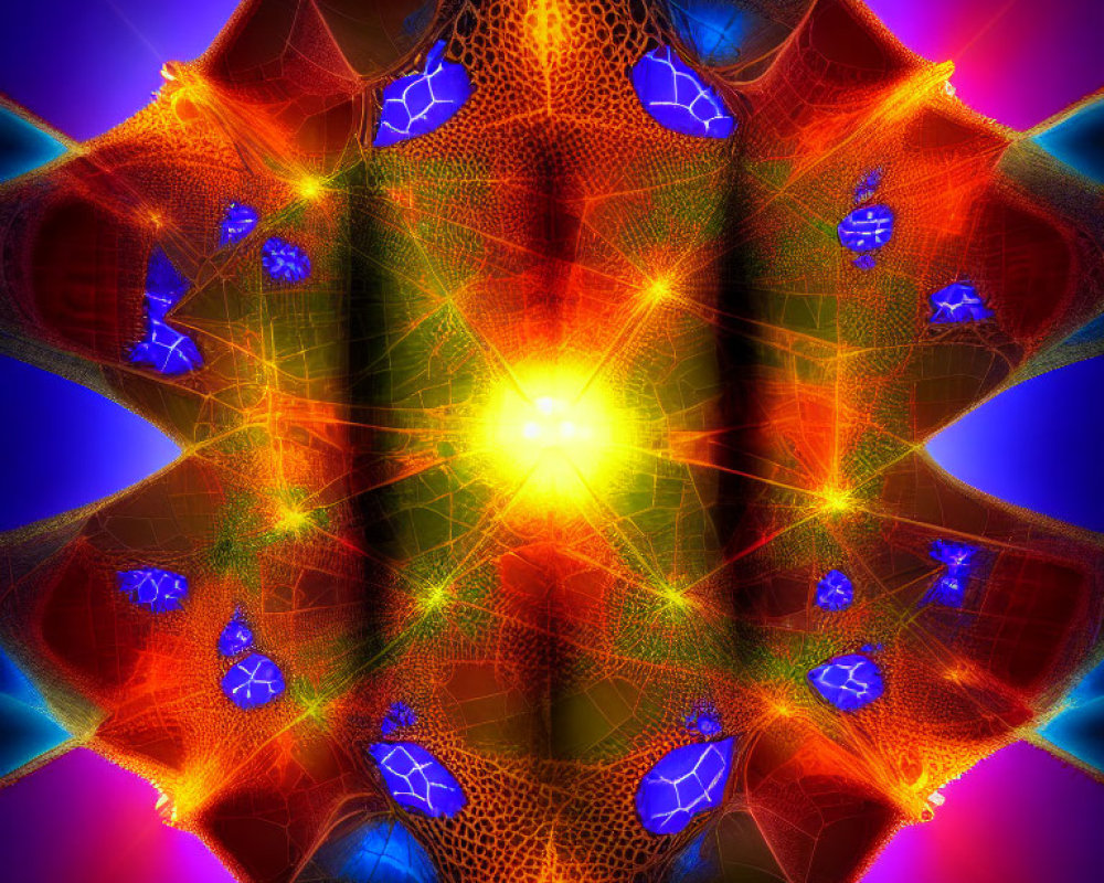 Colorful Abstract Fractal Design with Luminous Central Point and Symmetrical Mesh Patterns