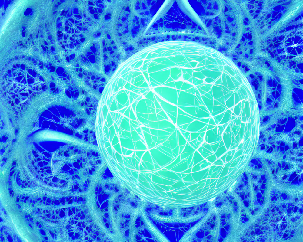 Intricate Blue Fractal Design with Central Sphere and Lace-like Patterns