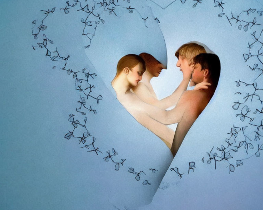 Couple Embracing in Paper Heart Surrounded by Cut-Out Figures