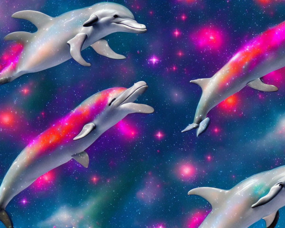 Vibrant digital collage of dolphins in cosmic backdrop