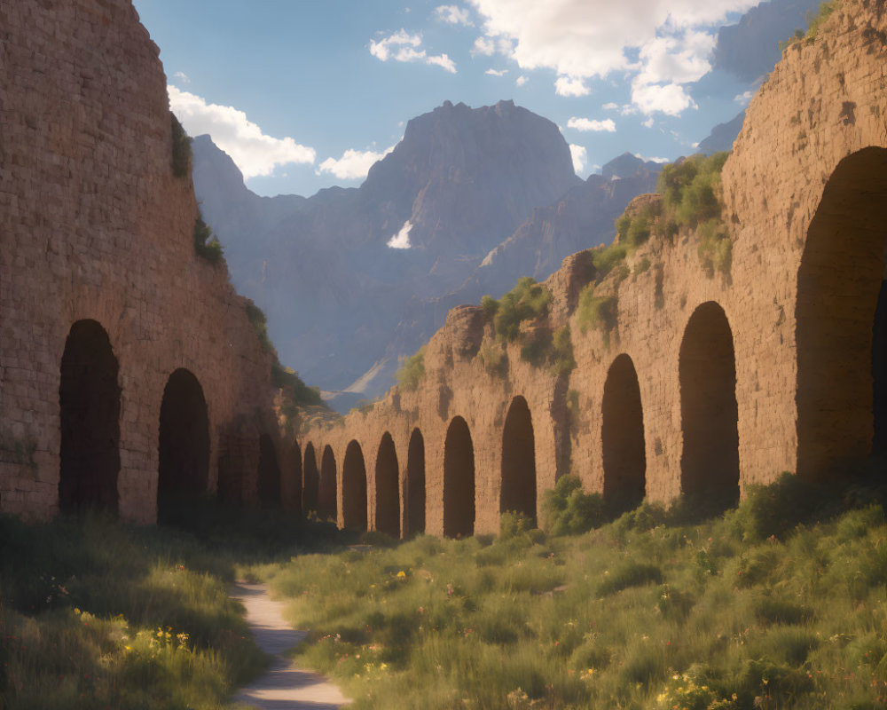 Ancient aqueduct with large arches in lush valley with dirt path and rugged mountains.