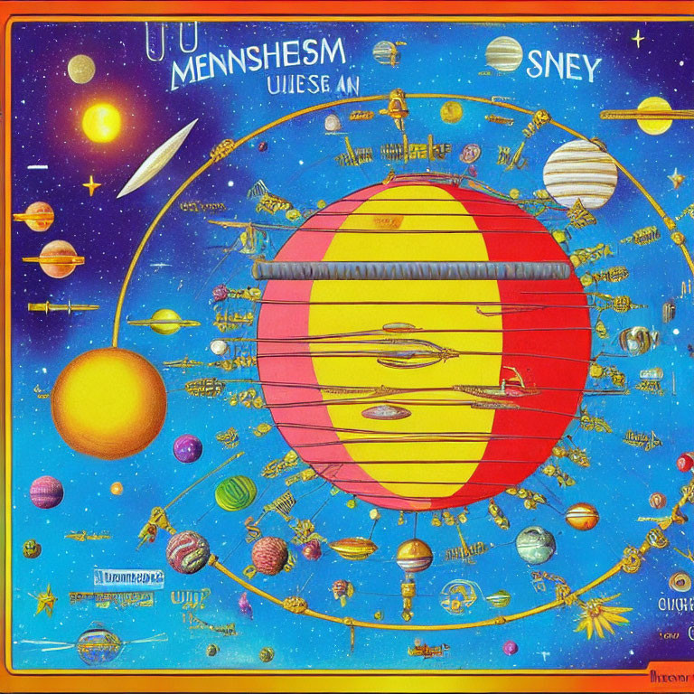 Vibrant solar system illustration with planet labels and Sun's interior view