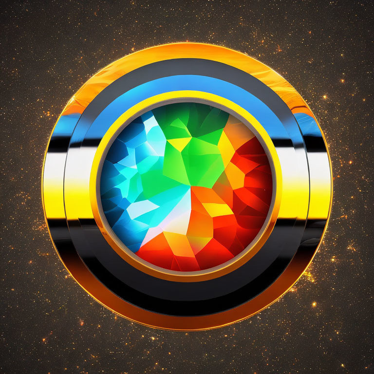 Circular Gem-Like Object with Geometric Patterns and Metallic Rings on Starry Background