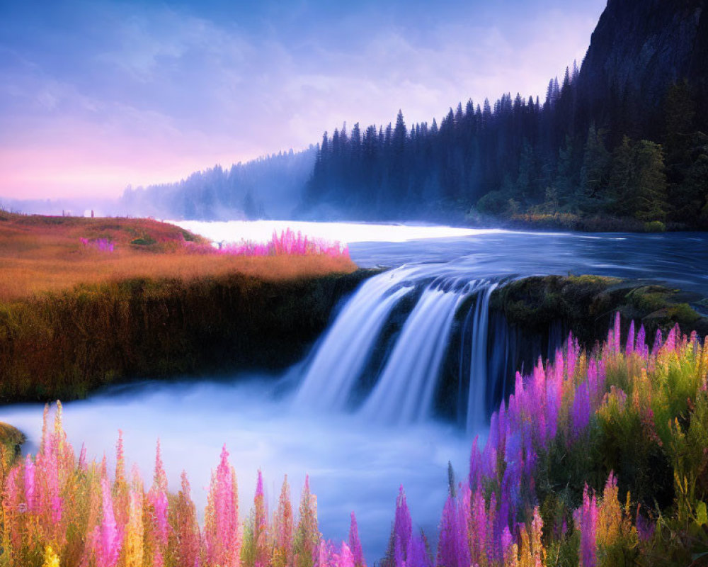 Tranquil waterfall in lush meadow with purple flowers and misty forest cliff under pink sky