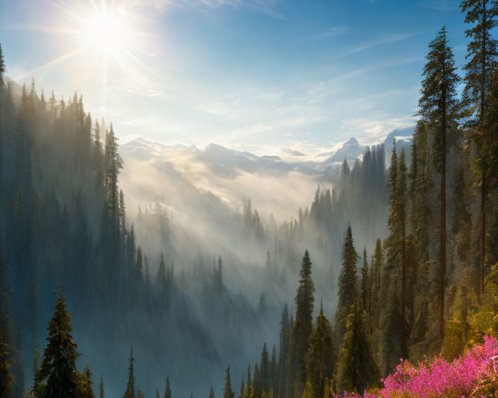 Scenic sunrise landscape with misty mountains and pine trees.