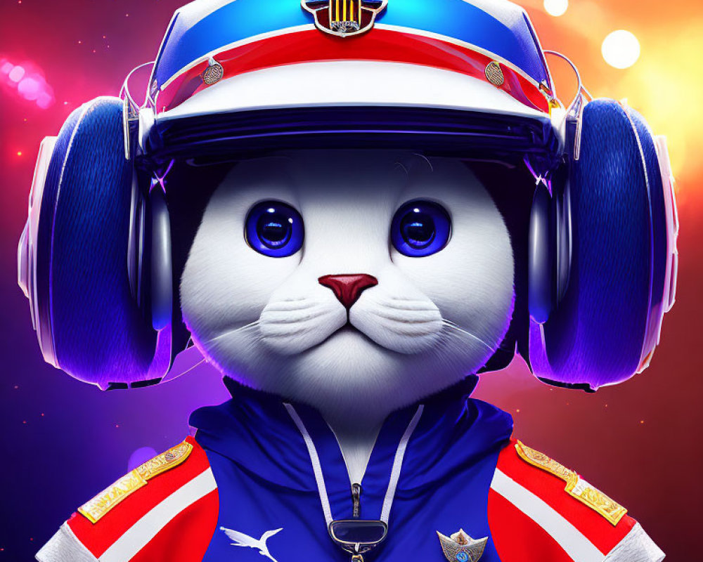 Colorful Cartoon Cat in Firefighter Uniform with Bokeh Lights