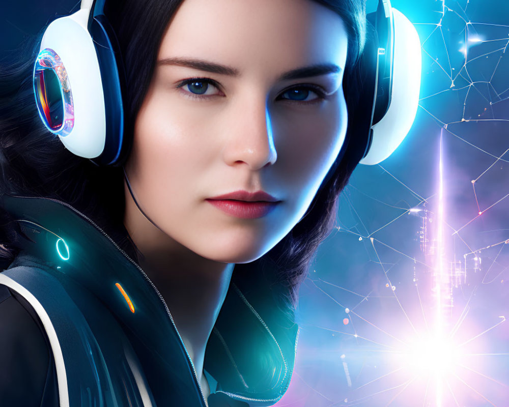Woman in headphones with neon lights and digital graphics.