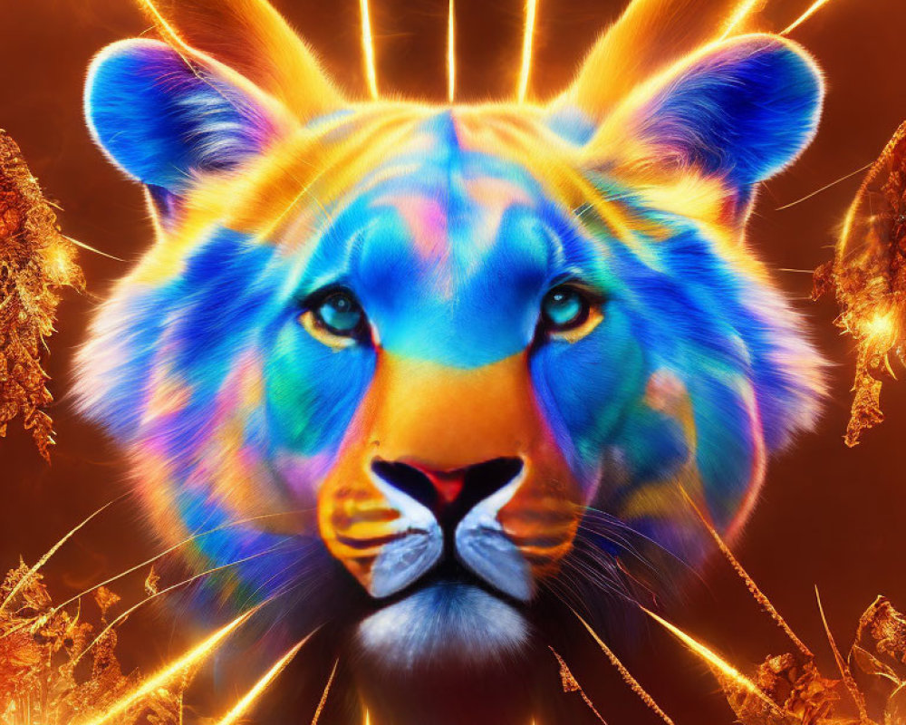 Colorful Lion Digital Artwork Against Fiery Background