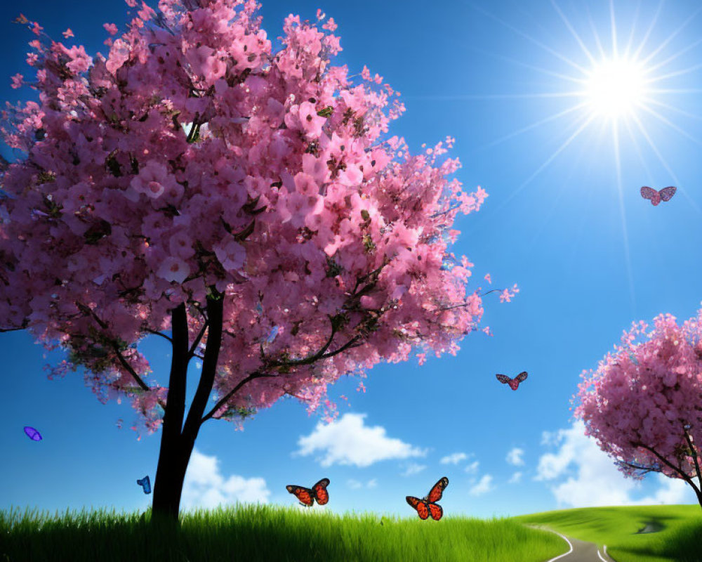 Colorful cherry blossoms and butterflies under sunny sky by winding road