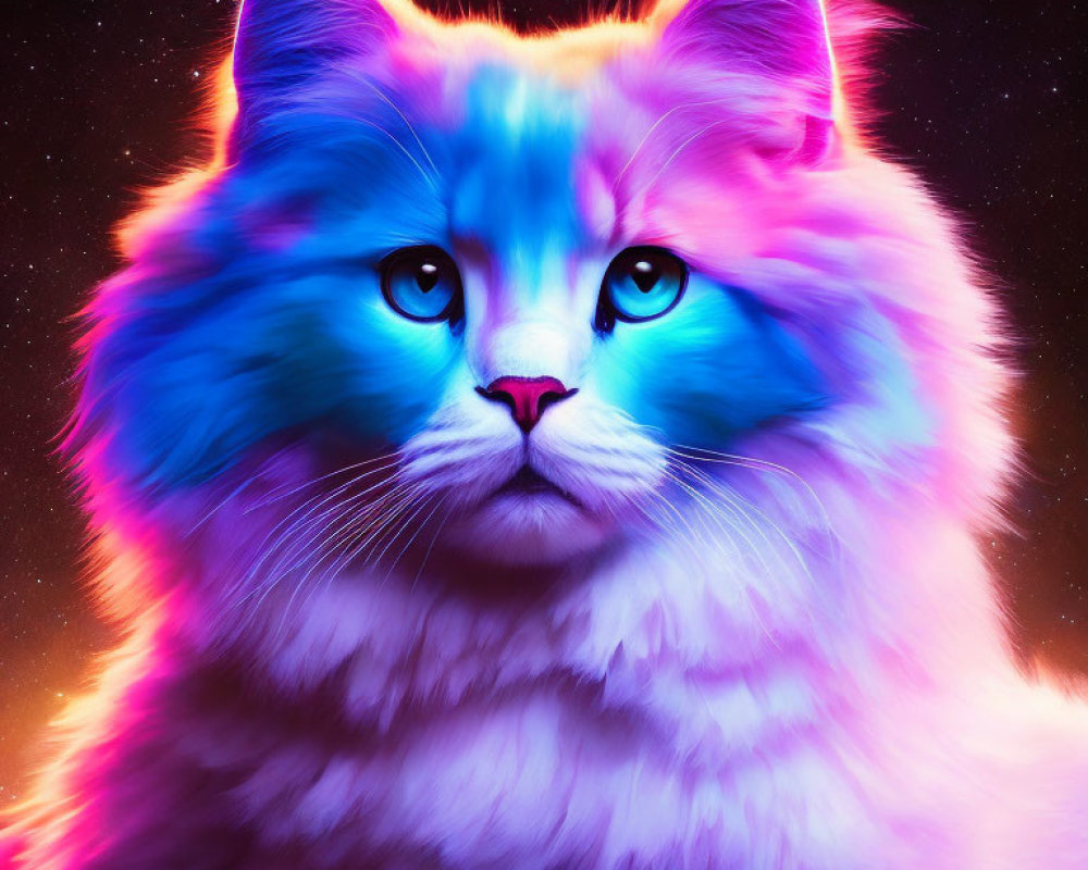 Colorful Fluffy Cat Artwork in Neon Colors on Cosmic Background