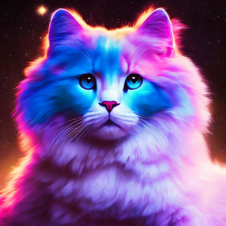 Colorful Fluffy Cat Artwork in Neon Colors on Cosmic Background