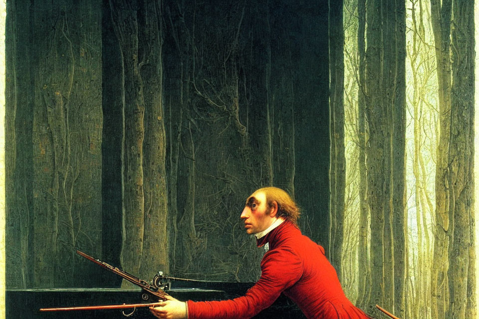 Man in Red Coat with Dueling Pistols in Dark Forest