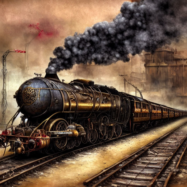 Vintage steam train emitting dark smoke on tracks with industrial backdrop