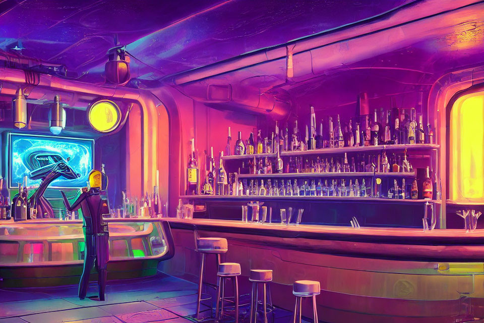 Neon-lit futuristic bar scene with alien bartender and humanoid patron
