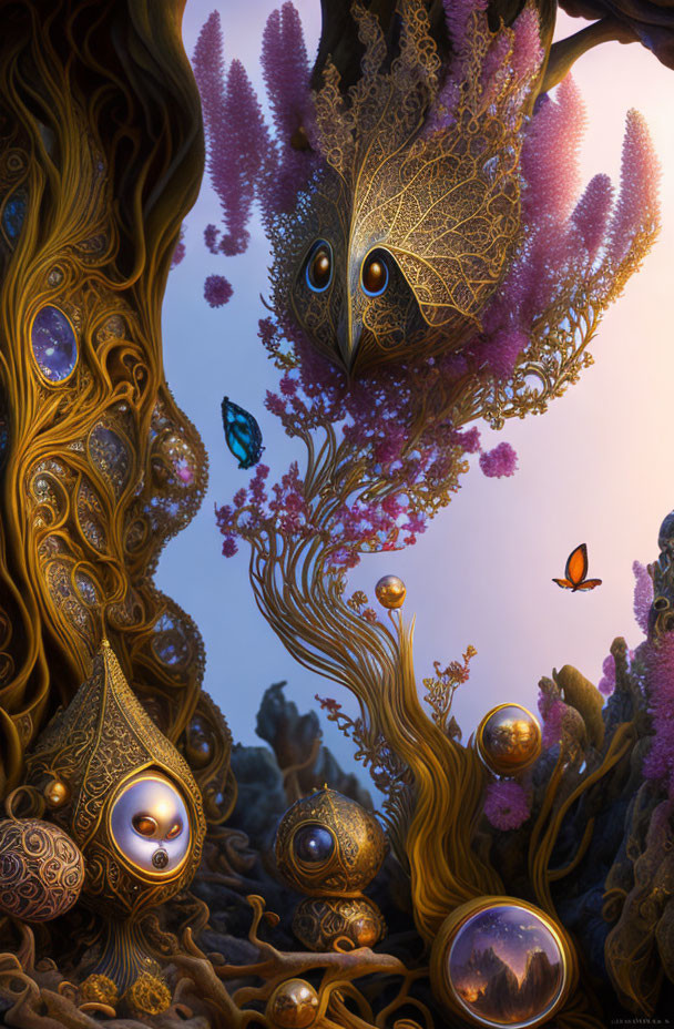 Fantastical digital painting of ornate tree-like structures with eyes and purple foliage under twilight sky
