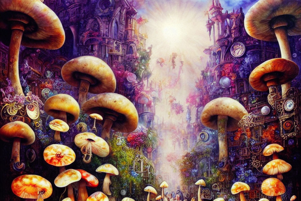 Colorful Landscape with Oversized Mushrooms and Fantastical Structures