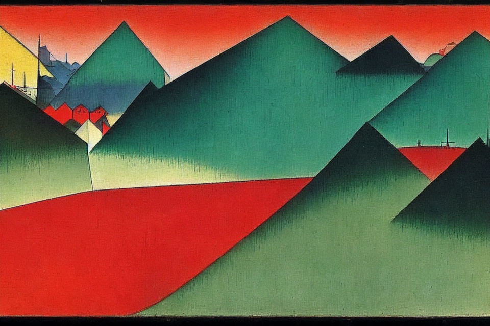 Colorful painting of green hills, red paths, and orange sky with distant structures.
