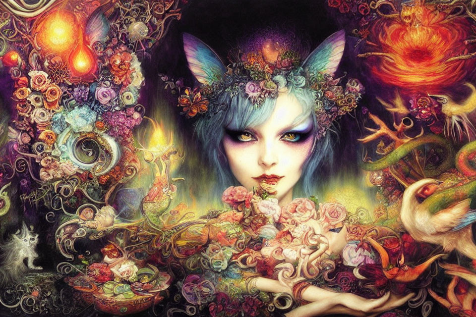 Colorful Artwork: Mystical Creature with Cat Ears and Floral Accents