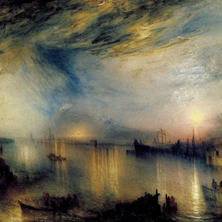 Romantic-era painting of dramatic sunset over riverbank