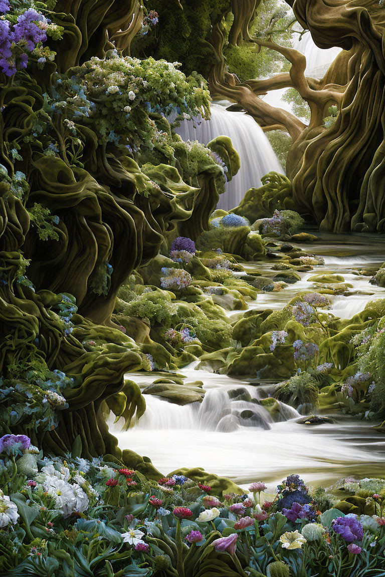 Tranquil waterfall in vibrant forest with flowers and gnarled roots