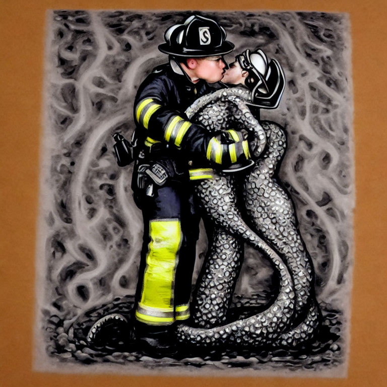 Firefighter kissing female snake in smoky setting