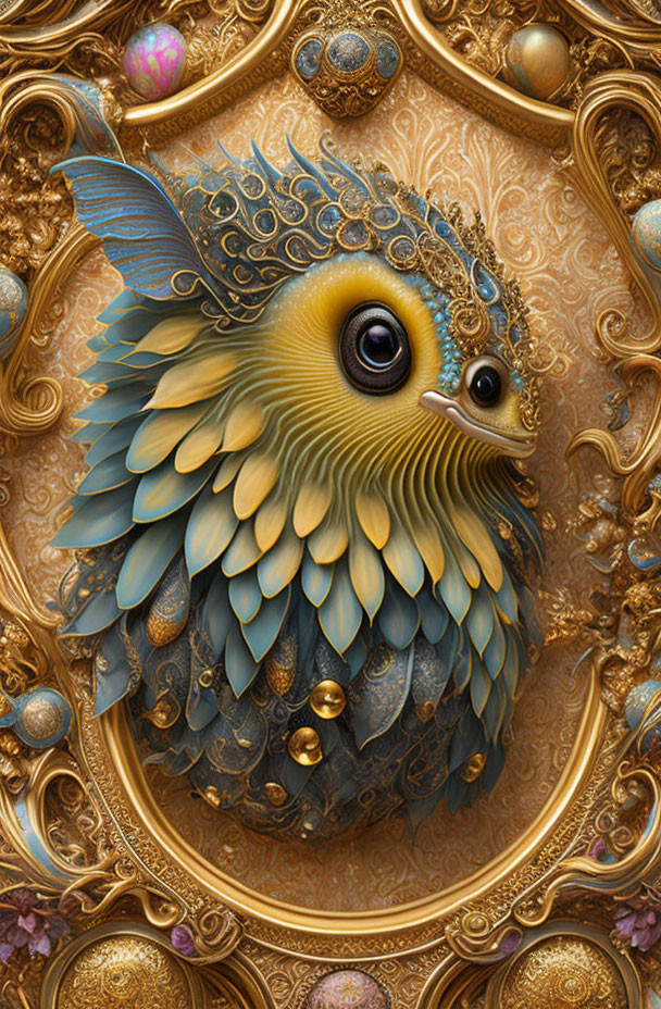 Golden owl with baroque-style embellishments and jewels