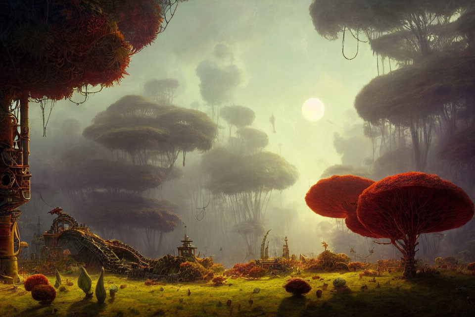Mystical forest with oversized mushrooms, ethereal glow, ancient ruins, and hazy sky