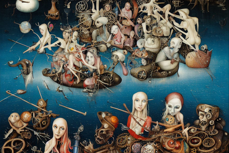 Surreal fantasy painting with humanoid, mechanical, and nautical motifs